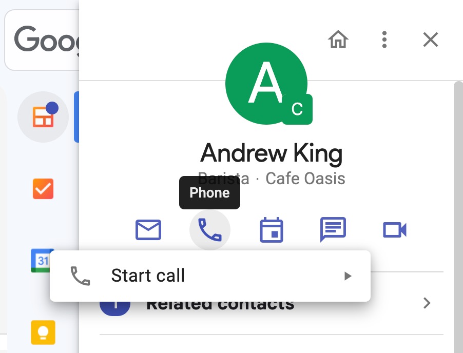A screenshot of a contact info in Gmail where you can quickly email, call, or set up a meeting with contacts using the action buttons.