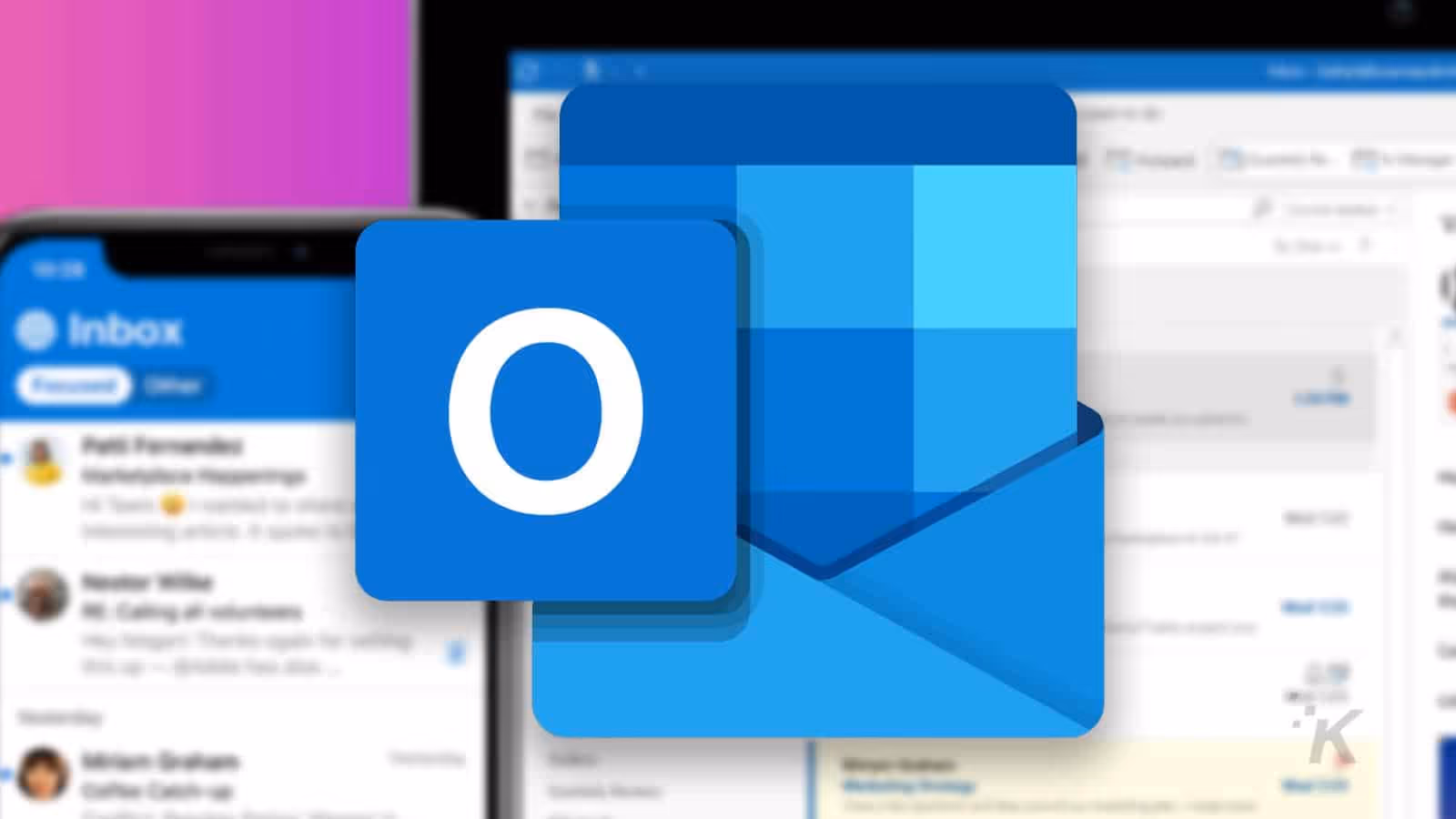 A screenshot of the Outlook interface with the Outllook icon at the center