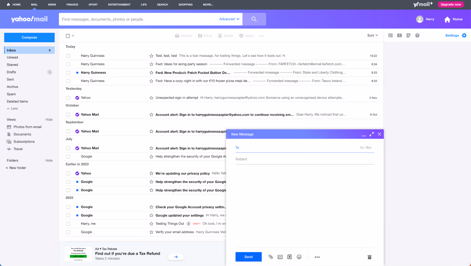 A screenshot of the Yahoo interface with the Compose opened
