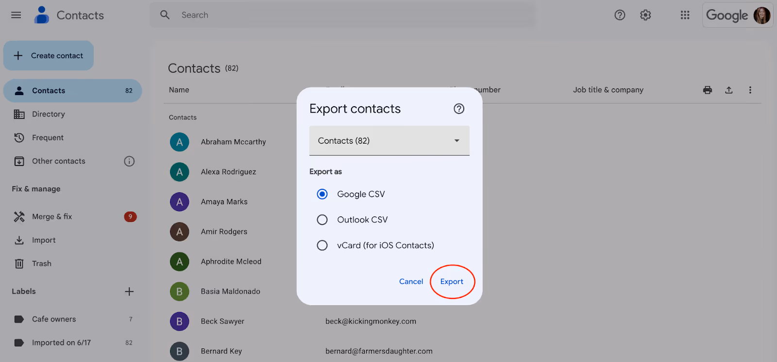 A screenshot of Google Contacts page showing a pop-up window for exporting contacts in Google CSV and other formats