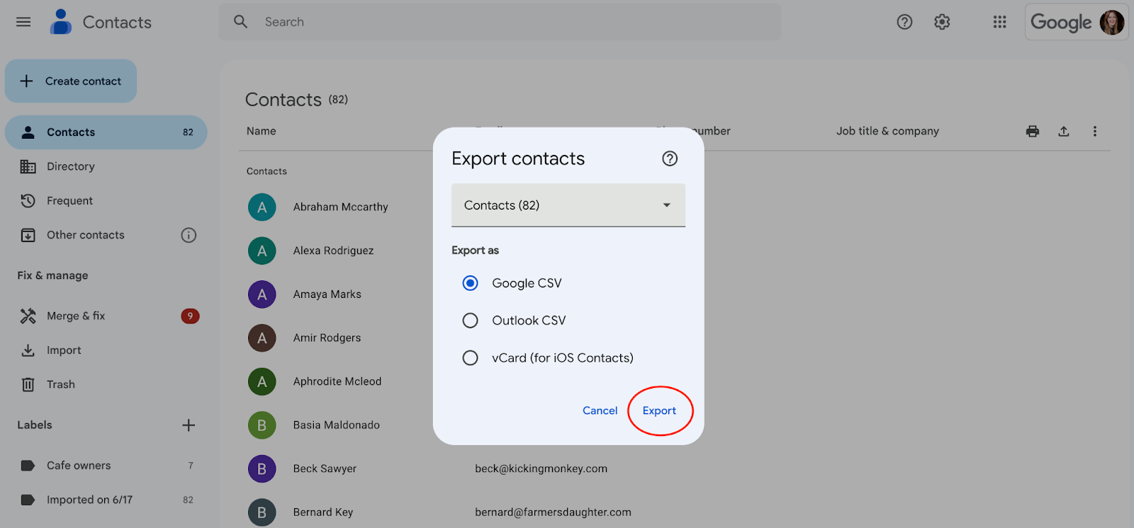 A screenshot of Google Contacts page showing a pop-up window for exporting contacts in Google CSV and other formats