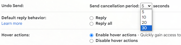 A screenshot of the Gmail Settings for the Send cancellation period where you can adjust Gmail's Undo Send default time window from 5 seconds to up to 30 seconds
