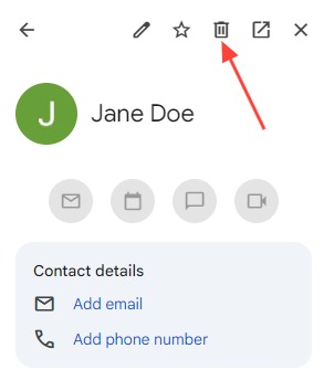 A screenshot of the individual contact details after clicking the contact name on the list on the Contacts page, with a red arrow pointing to the Trash icon