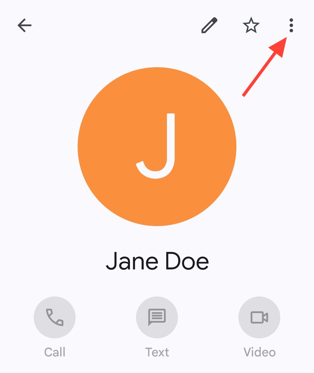 A screenshot of the selected contact name in an Android device, with a red arrow pointing to the hree dots at the top right corner of the contacts profile image