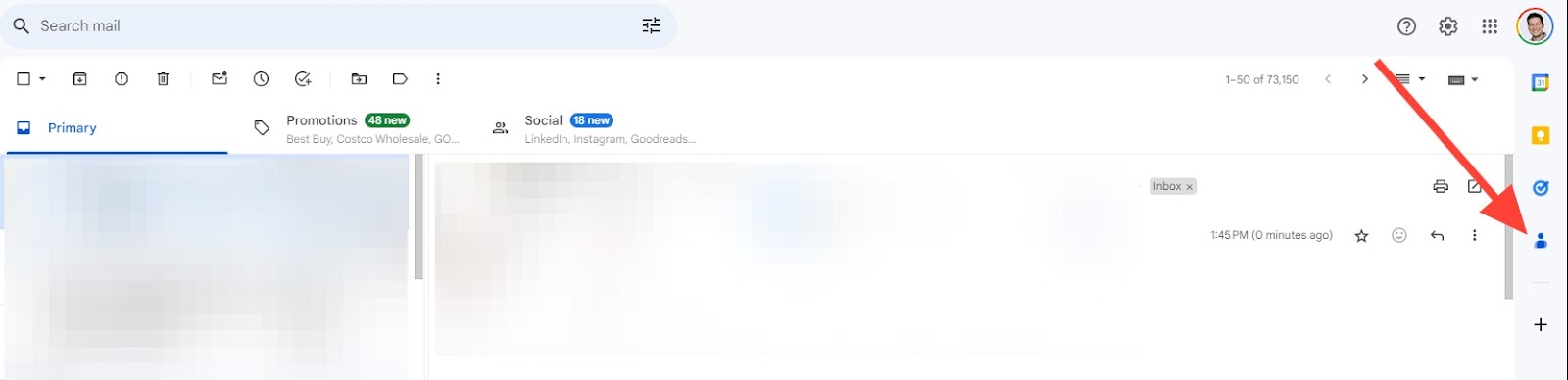 A Gmail inbox with a red arrow pointing to the Contacts icon on the right-hand side of the inbox