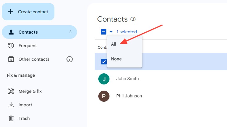 A screenshot of Google Contacts page showing a pop-up window from the frop down arrown above the contacts list, and a red arrow pointing to All option for selecting multiple contacts
