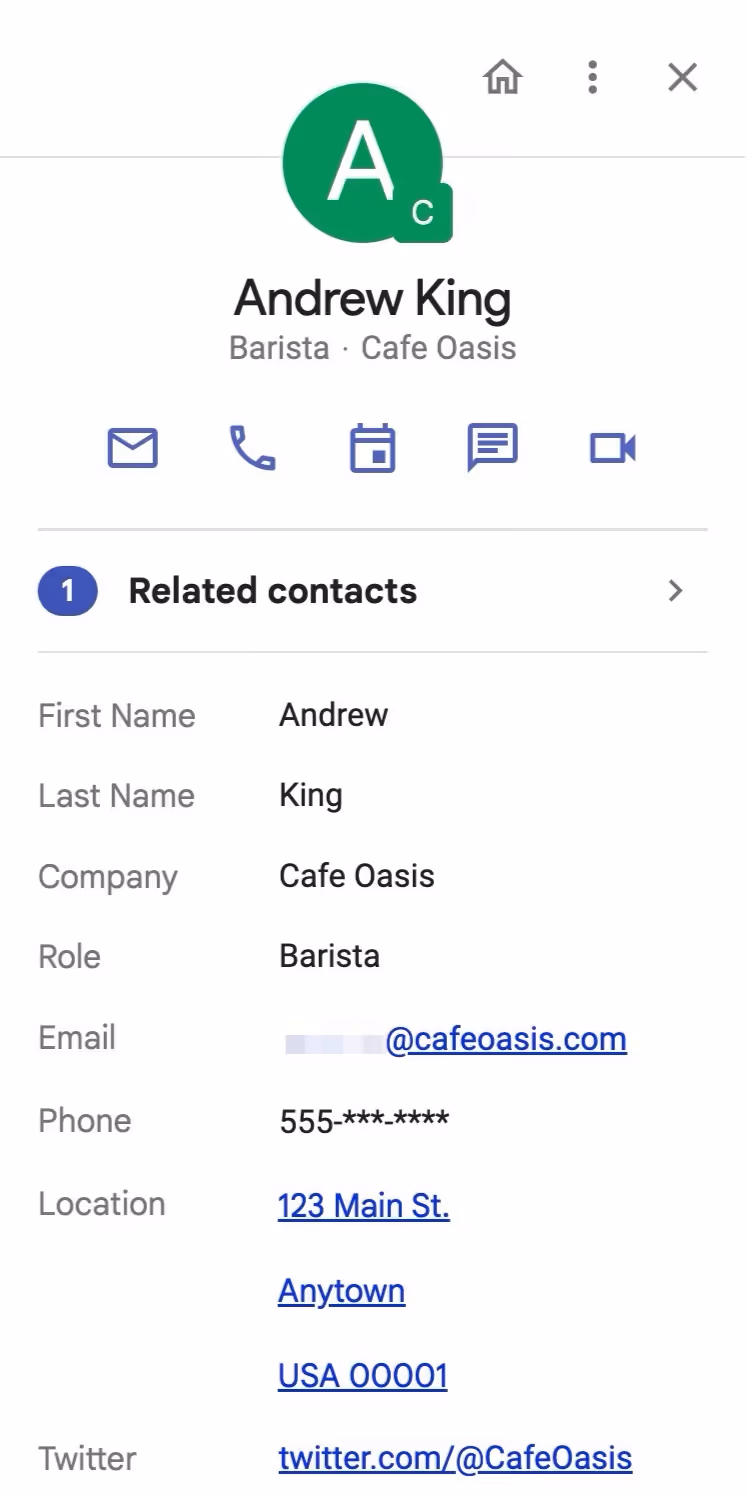 a screenshot of contact information for a contact in Streak