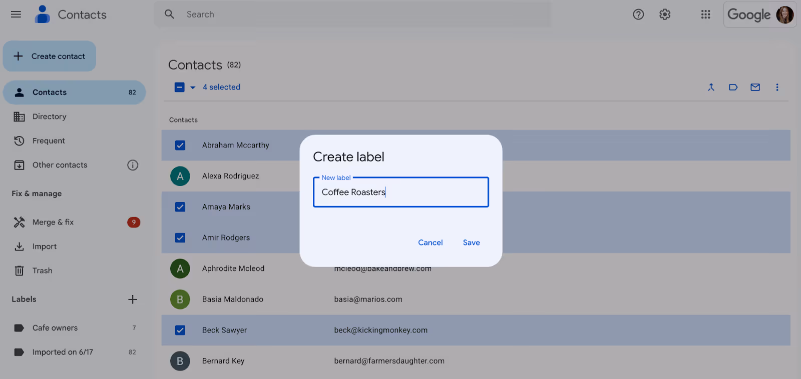 a screenshot of the Google Contacts page with the open window to Create label so you can send emails to this specific group through with that label