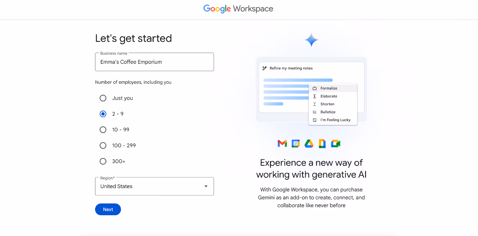 a screenshot of the page that shows in the first step of subscribing to Google Workspace