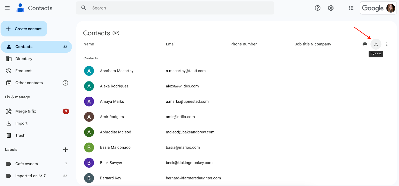 screenshot of Google Contacts page with a red arrow pointing at the Export icon at the upper right corner of the page