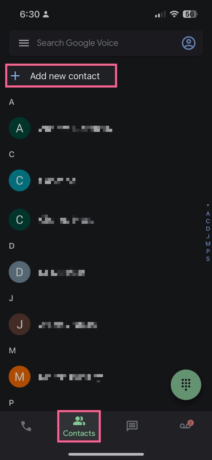 screenshot of Google Voice Contacts page on mobile device with Add new contact option at the top and Contacts icon at the bottom highlighted
