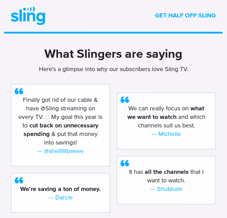 sample template of an email featuring testimonials