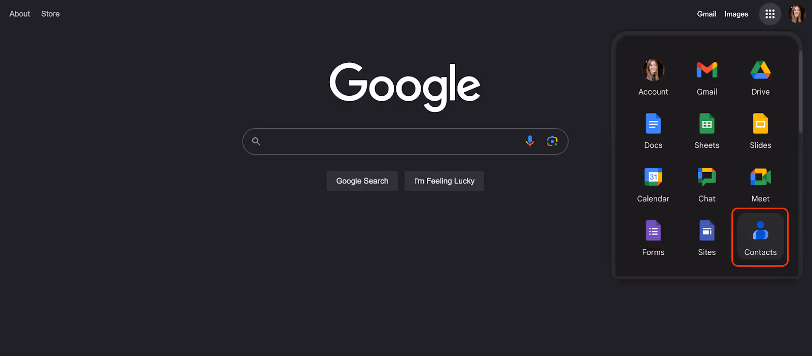 screenshot of Google homepage in dark mode with the Google Apps icon window open and the Contacts icon in it highlighted