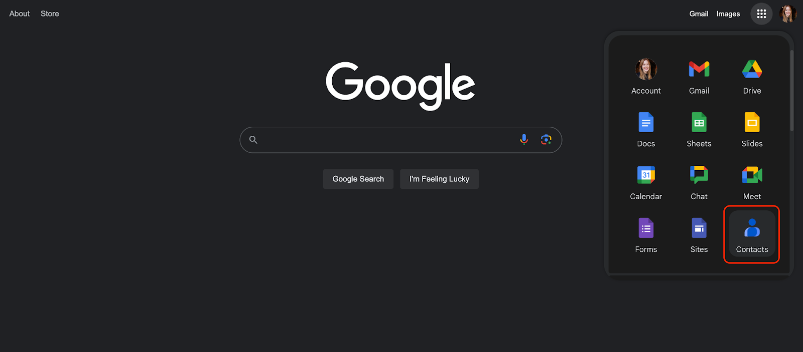 screenshot of Google homepage in dark mode with the Google Apps icon window open and the Contacts icon in it highlighted