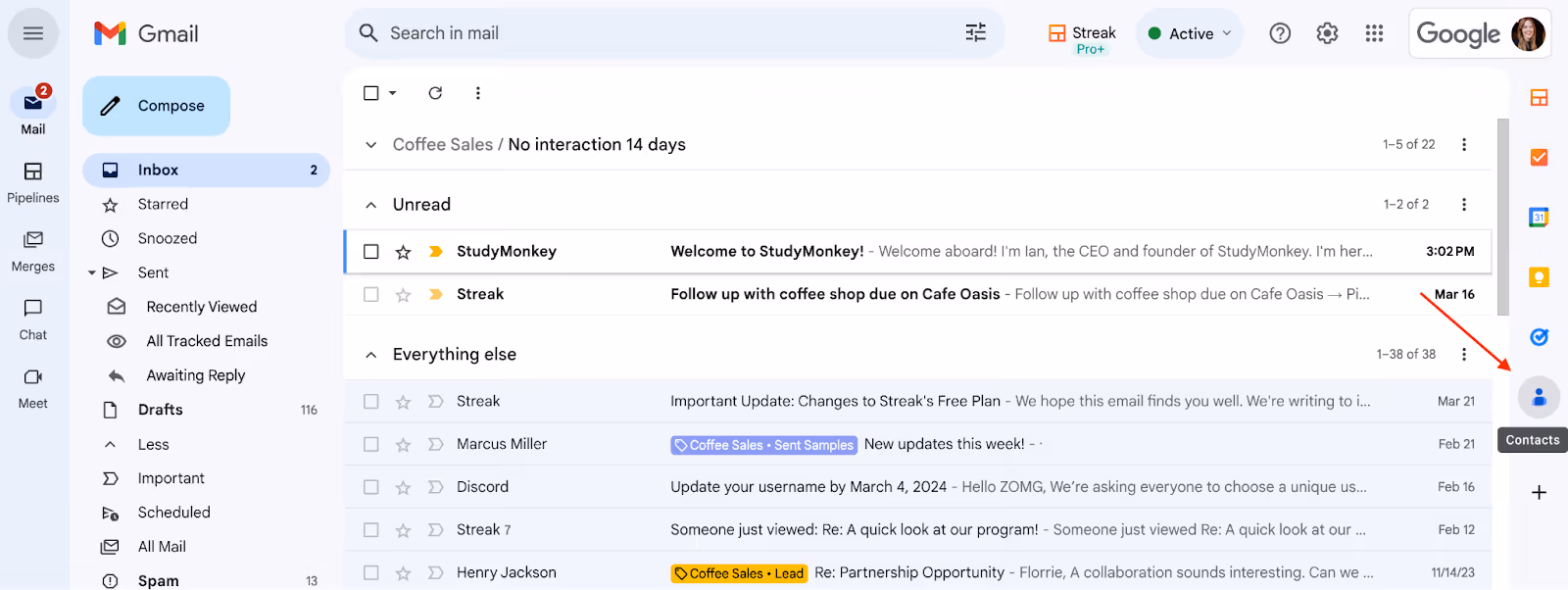 screenshot of Gmail inbox with the red arrow pointing to the Contacts icon on the left sidebar of Gmail inbox