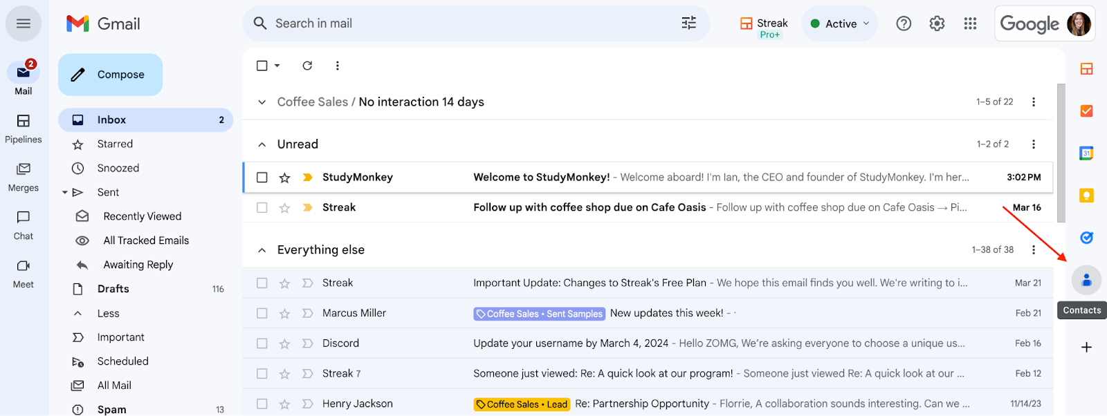 screenshot of Gmail inbox with the red arrow pointing to the Contacts icon on the left sidebar of Gmail inbox