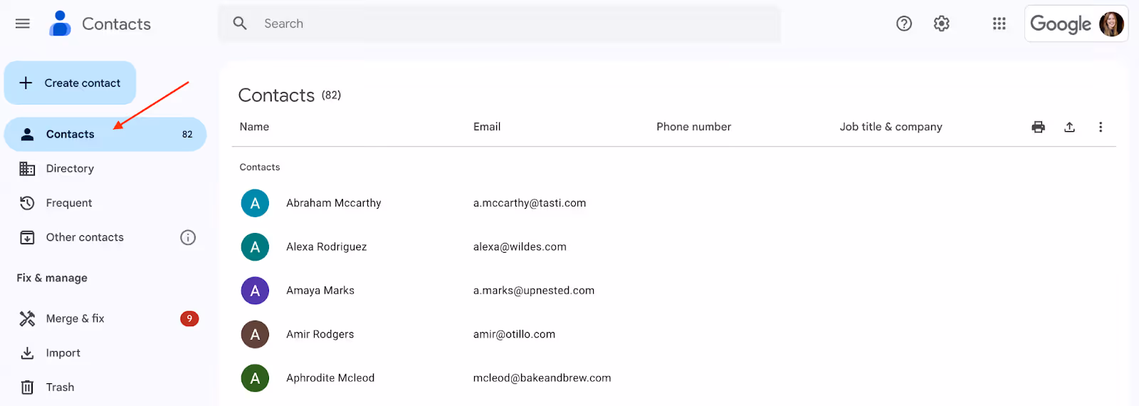 A screenshot of the Google Contacts page