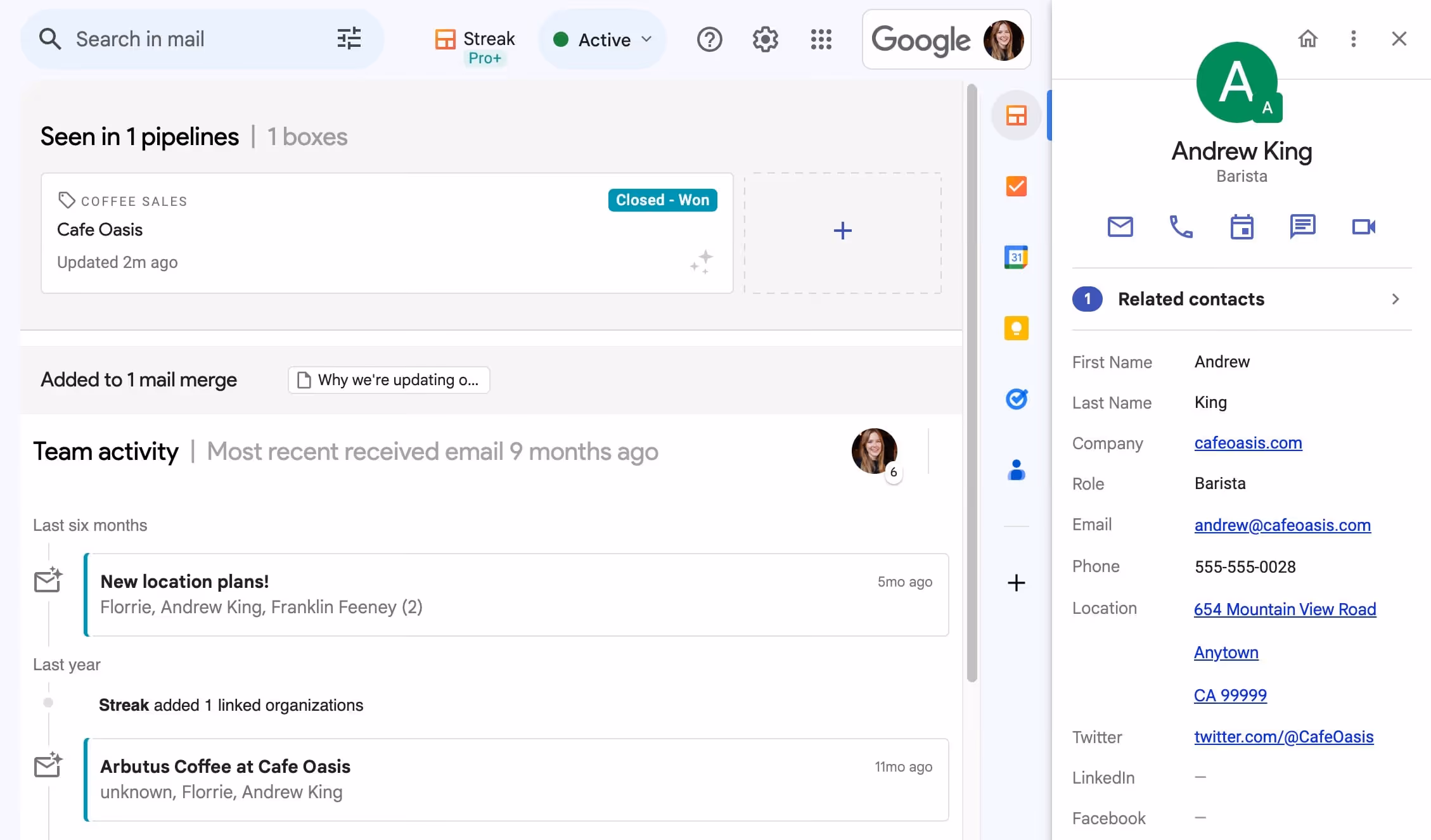 A screenshot of Streak email management dashboard with the email body on the left and contact details on the right. The contact, Andrew King, is a barista. The dashboard shows recent emails and related contacts. Icons for Google apps, Twitter, and LinkedIn are visible.