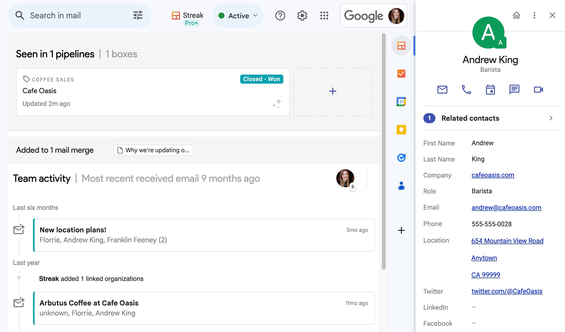  A screenshot of Streak email management dashboard with the email body on the left and contact details on the right. The contact, Andrew King, is a barista. The dashboard shows recent emails and related contacts. Icons for Google apps, Twitter, and LinkedIn are visible.