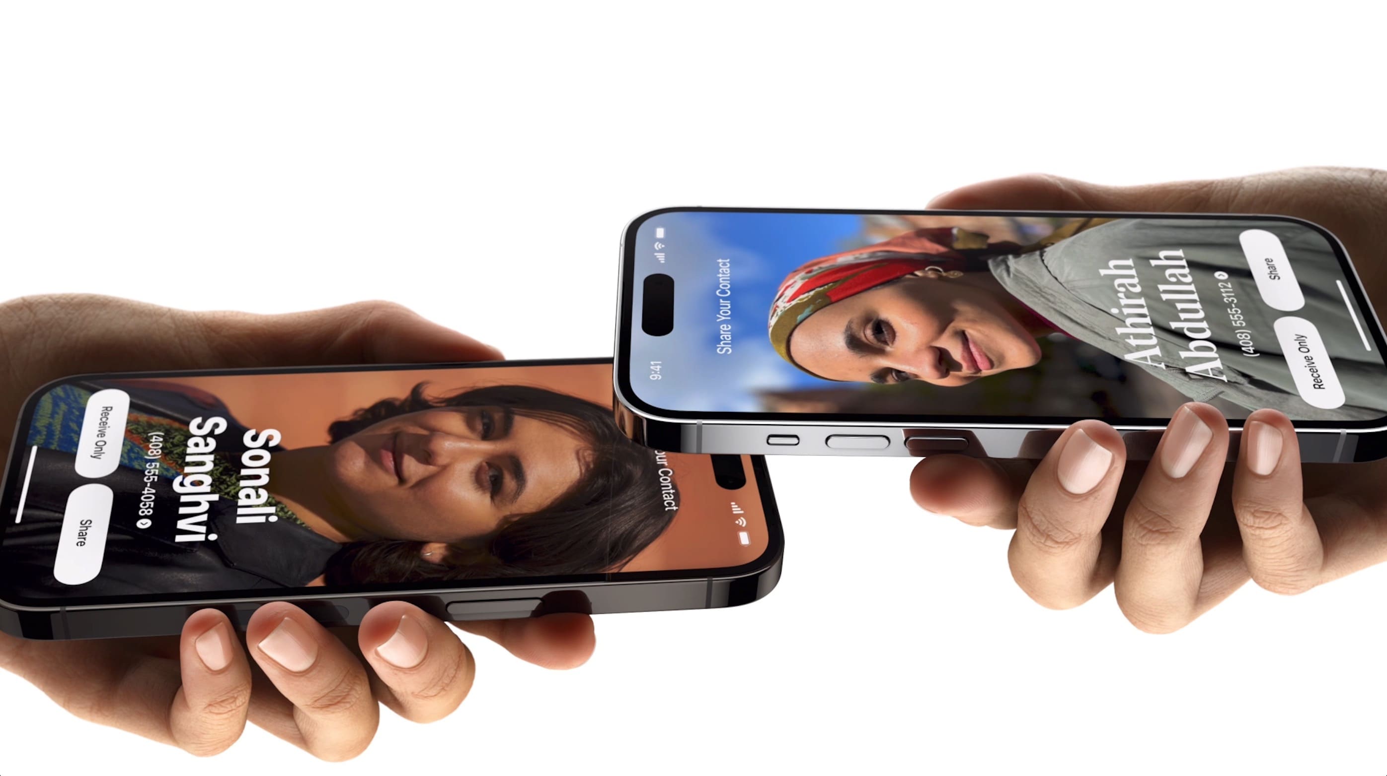 Two hands each hold a smartphone displaying a contact-sharing interface. The left phone shows "Sonali Sanghvi," and the right phone shows "Adhirah Abdullah." Both screens have a "Share" button, suggesting an exchange of contact information.