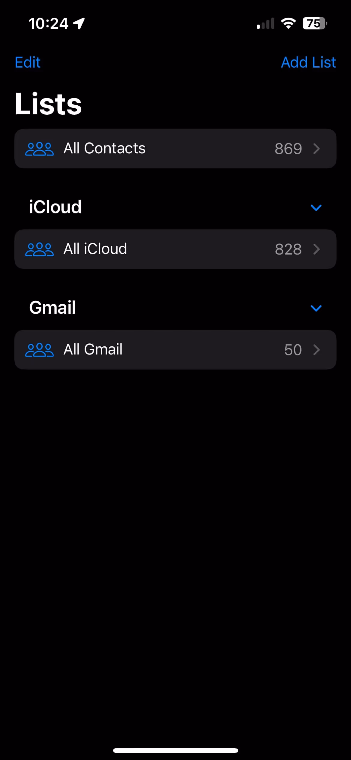 A smartphone screen displaying a contact management app. The screen shows a total number of contacts and lists categorized under "All Contacts" (869), "iCloud" (828), and "Gmail" (50). The top bar shows the time as 10:24, with icons for Edit and Add List.