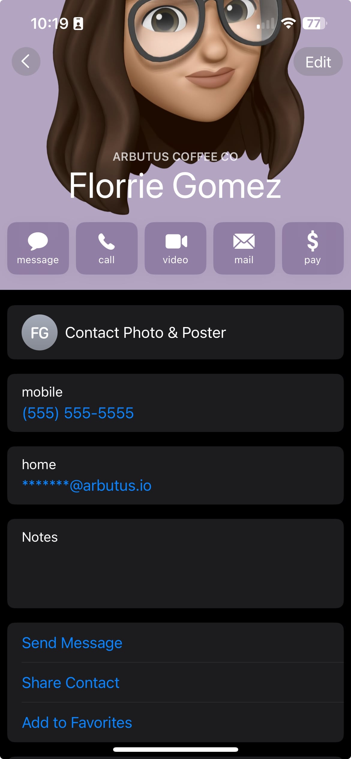 Screenshot of a contact profile on a smartphone for "Florrie Gomez" with an avatar wearing glasses. The options include message, call, video, mail, and payment. Contact details include mobile number "(555) 555-5555" and an email address. There are buttons to edit, send a message, share contact, and add to favorites.