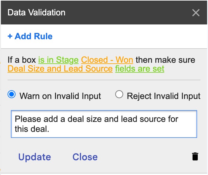 a pop up in streak crm showing data validation configuration
