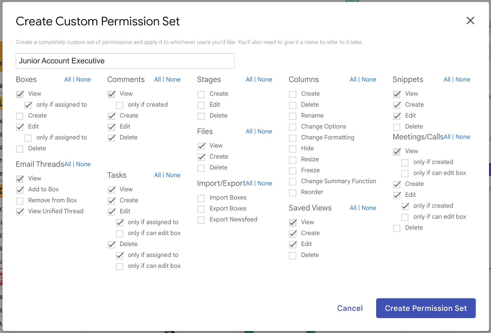 a custom permission menu for a junior account executive role