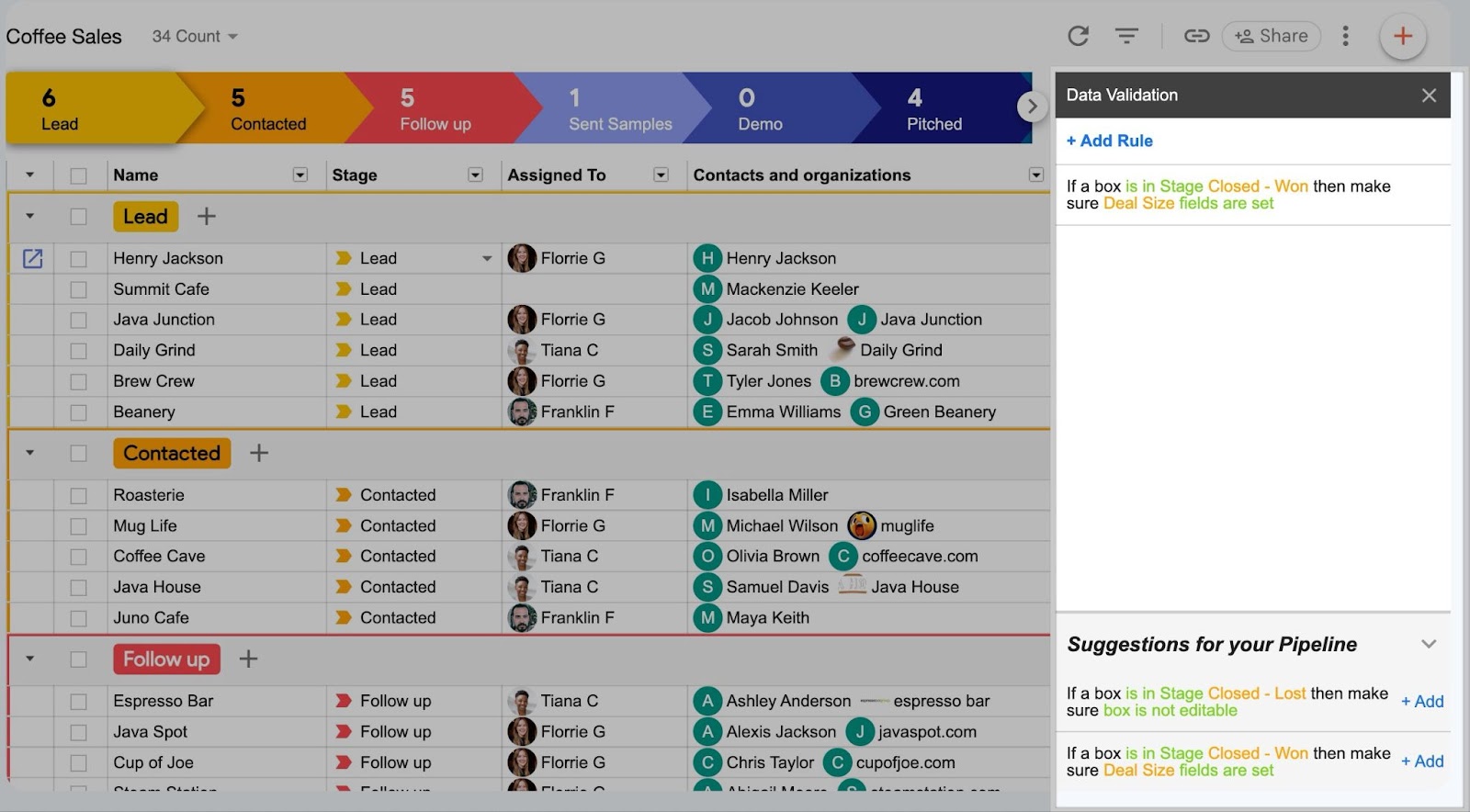 a sales pipeline in Streak's CRM tool with data validation rules visible