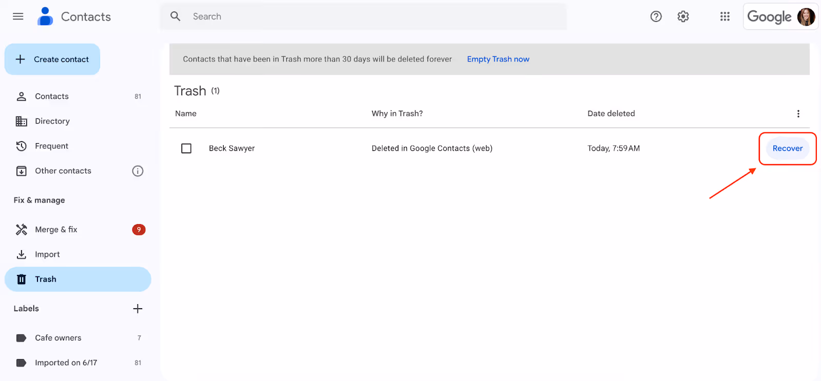 screenshot of Google Contacts age with encircled Recover contacts button and a red arrow pointing to it