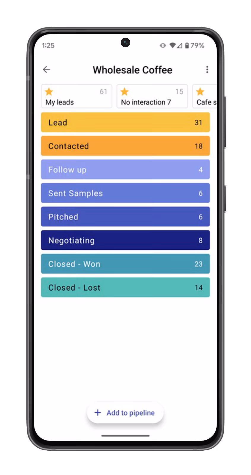 a pipeline view in the android mobile app with a saved view carousel slider across the top