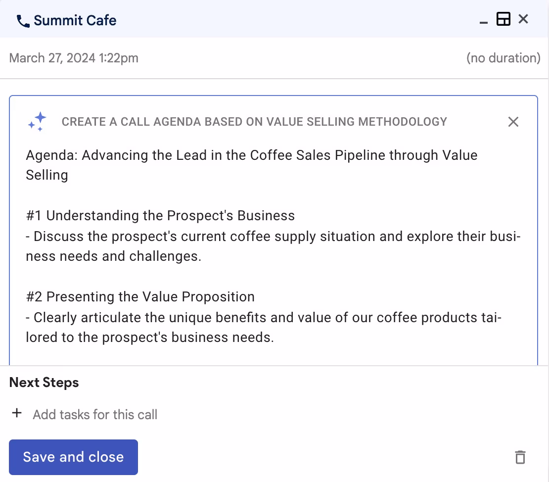 Screenshot of a computer screen displaying a call agenda focused on value selling in coffee sales, highlighting steps to understand and address the prospect's needs and articulate product benefits.