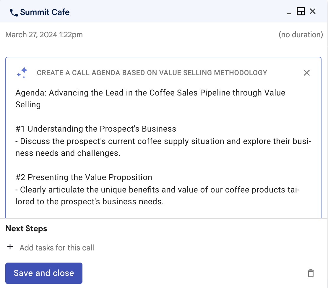  Screenshot of a computer screen displaying a call agenda focused on value selling in coffee sales, highlighting steps to understand and address the prospect's needs and articulate product benefits.