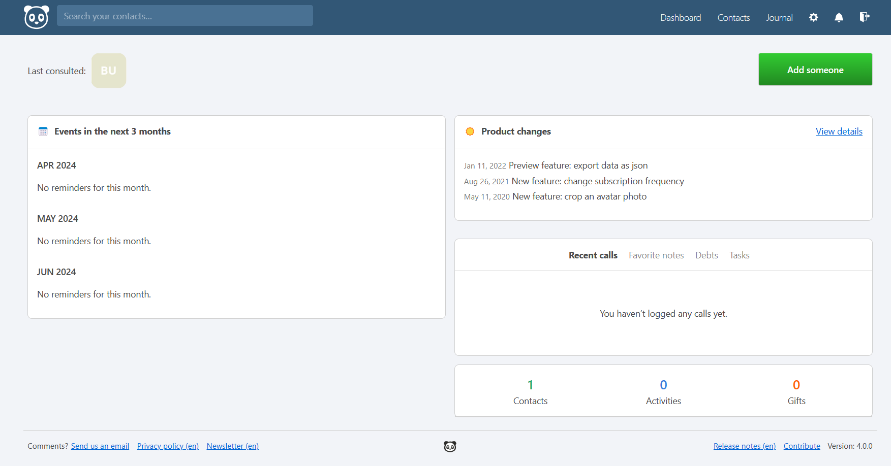 screenshot of Monica CRM dashboard