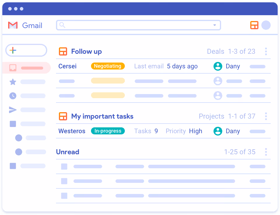 A screenshot of a Streak UI in the Gmail inbox featuring tabs on the left and a list of emails. The primary focus is on two email categories, "Follow up" and "My important tasks." Each category includes emails with labels and icons indicating status, priority, and sender details.