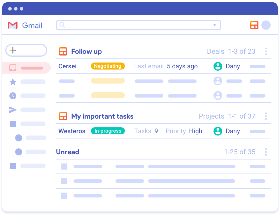 A screenshot of a Streak UI in the Gmail inbox featuring tabs on the left and a list of emails. The primary focus is on two email categories, "Follow up" and "My important tasks." Each category includes emails with labels and icons indicating status, priority, and sender details.