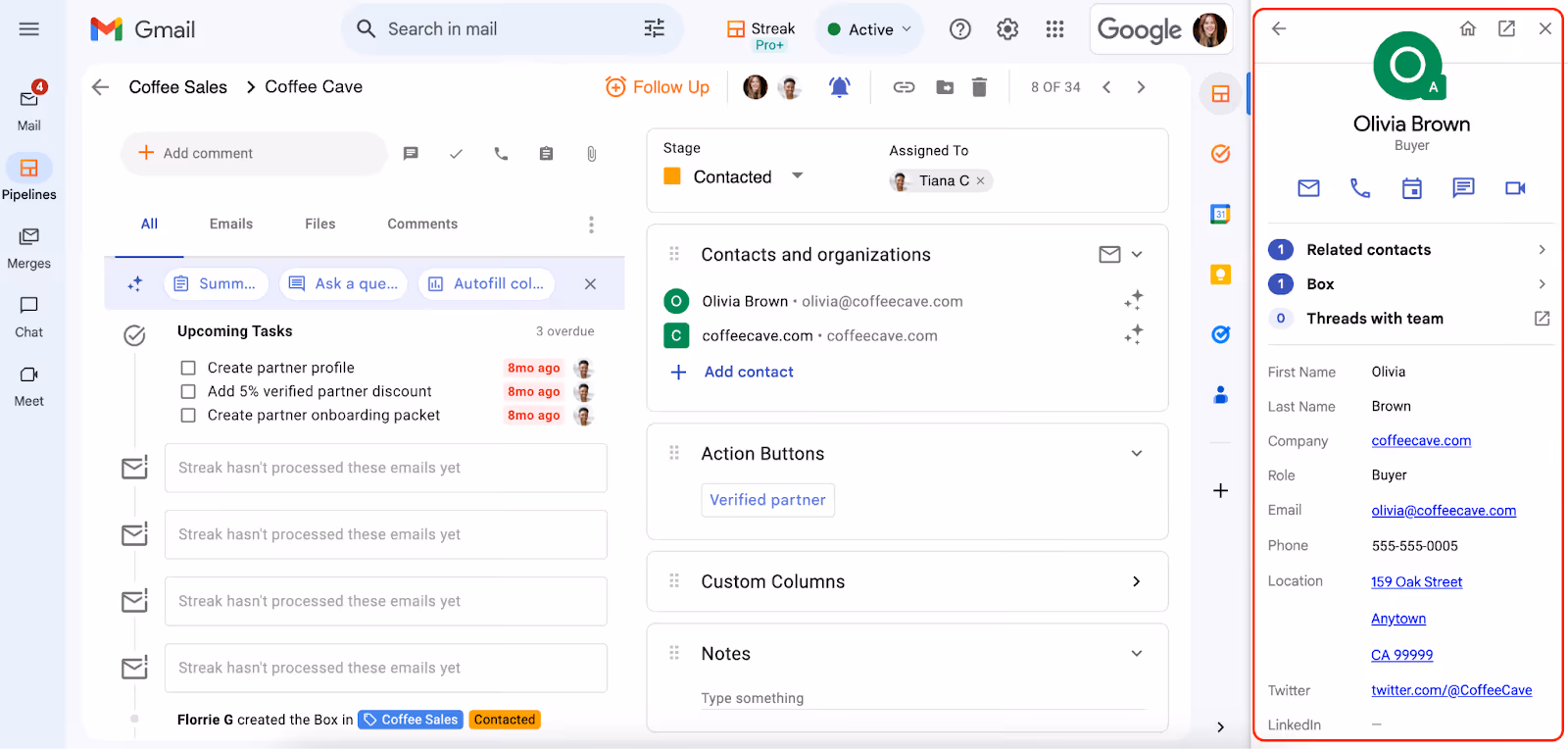 Screenshot of a Gmail interface featuring the CRM tool Streak. The email is for Coffee Cave, with details about upcoming tasks, contacts and organizations, and Olivia Brown's contact card on the right. The interface shows stages, action buttons, and custom columns.