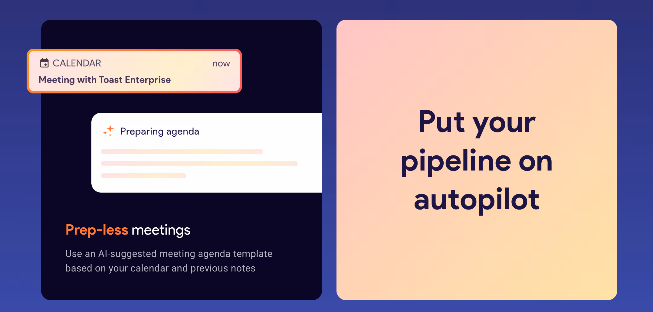 A digital illustration from Streak with a notification for a "Meeting with Toast Enterprise," an agenda being prepared, and the text "Prep-less meetings: Use an AI-suggested meeting agenda template based on your calendar and previous notes." Beside it is the text, "Put your pipeline on autopilot.