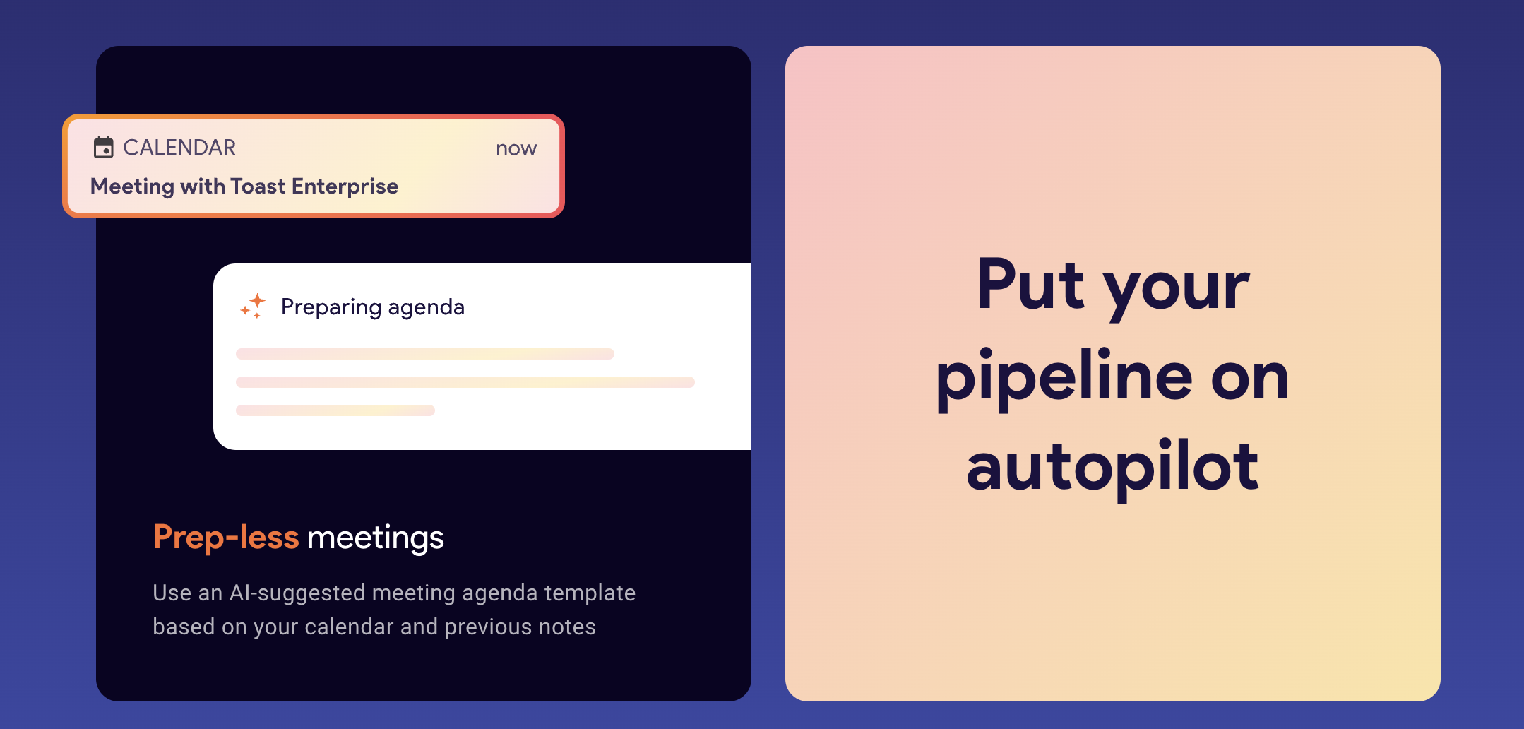 A digital illustration from Streak with a notification for a "Meeting with Toast Enterprise," an agenda being prepared, and the text "Prep-less meetings: Use an AI-suggested meeting agenda template based on your calendar and previous notes." Beside it is the text, "Put your pipeline on autopilot.