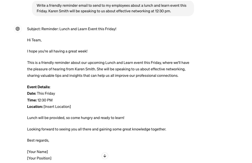 A screenshot of an email template for a lunch and learn event. The email includes a subject line, greeting, and body text providing details about the event, featuring a speaker named Karen Smith. The event will cover effective networking tips and is scheduled for this Friday at 12:30 PM.