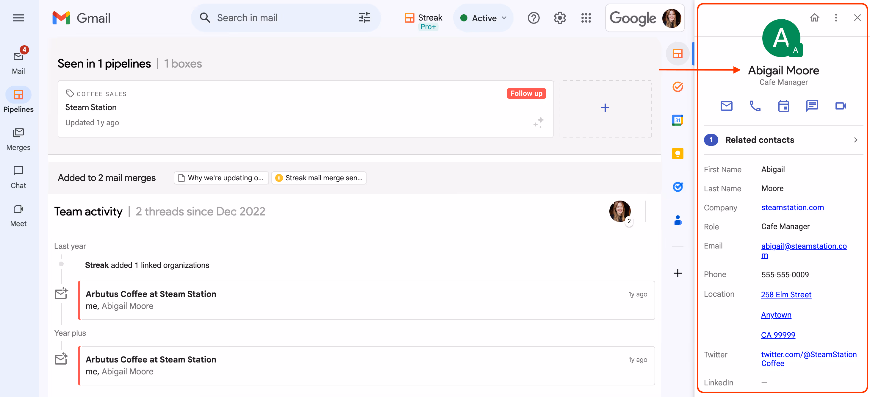 Screenshot of a Gmail interface with Streak pipeline boxes showing details of an email from a person named Abigail Moore, a Cafe Manager at Stream Station. The right sidebar displays her contact information including name, title, company, email, phone number, address, and LinkedIn profile.