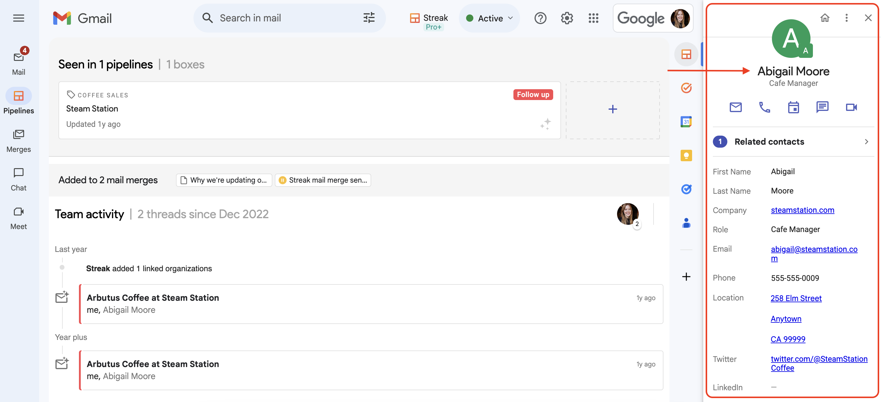 Screenshot of a Gmail interface with Streak pipeline boxes showing details of an email from a person named Abigail Moore, a Cafe Manager at Stream Station. The right sidebar displays her contact information including name, title, company, email, phone number, address, and LinkedIn profile.