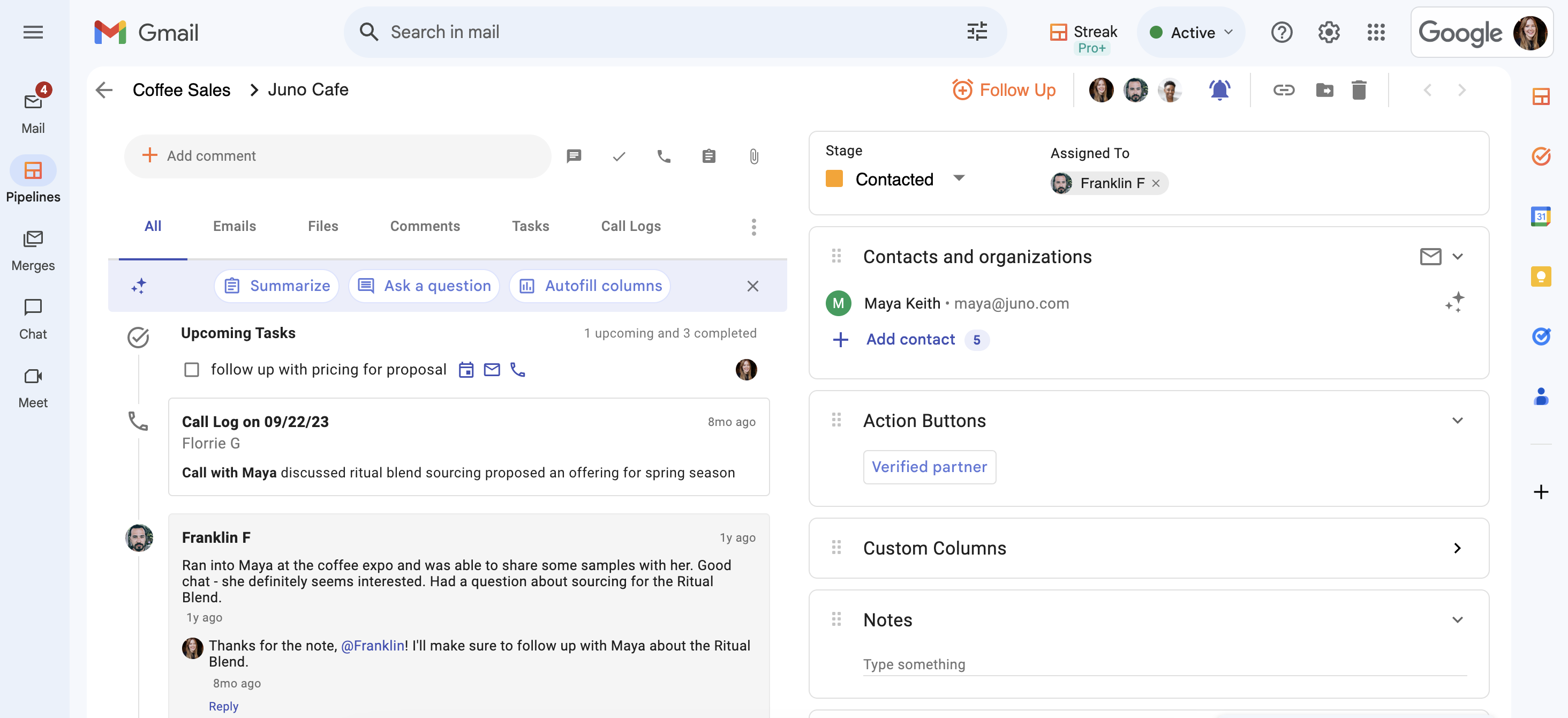 A Streak pipeline box in Gmail email is displayed with a detailed email message and call log. The email is part of a thread labeled "Coffee Sales" under "Juno Café." Tasks, contacts, and notes sections are visible on the right-hand side, and there are several action buttons at the top.