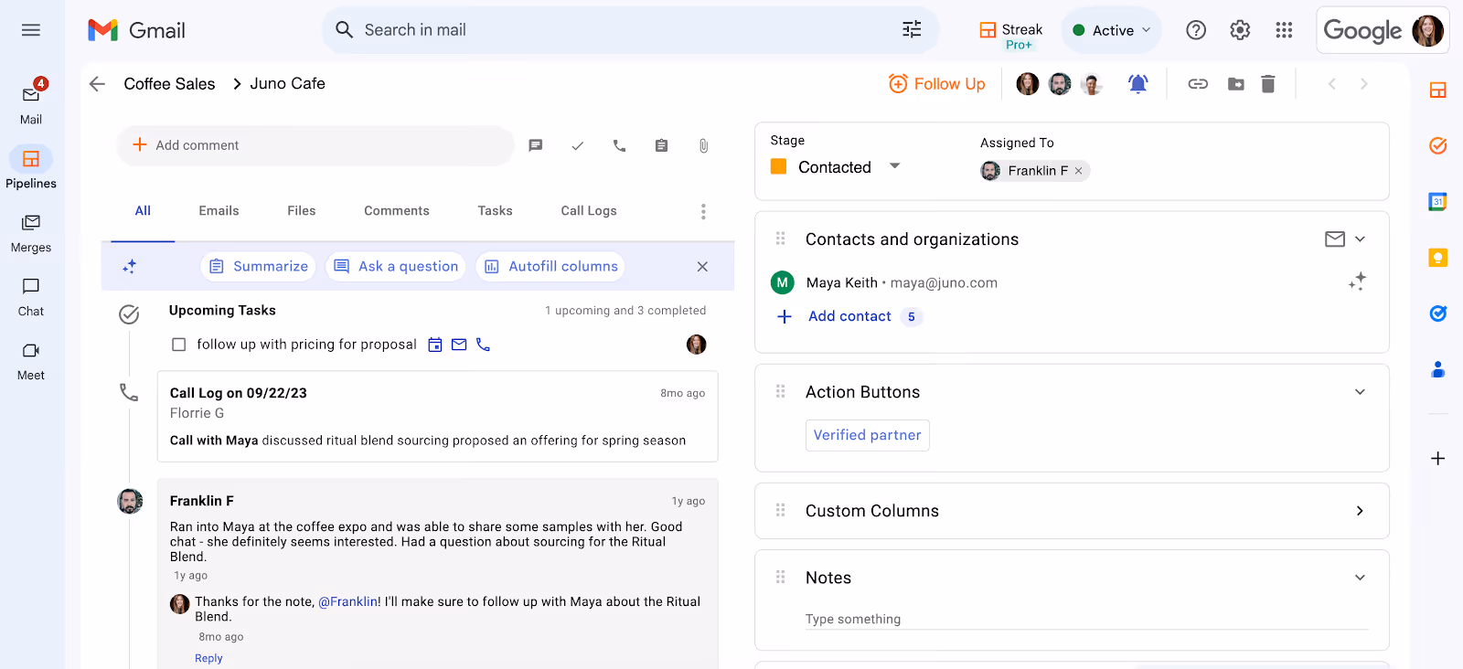 A screenshot of Streak CRM box and task manager integrates with Gmail. The interface displays an email about discussing a proposal for spring season, upcoming tasks, contact information, action buttons, and notes. The platform seems designed for managing sales pipelines.