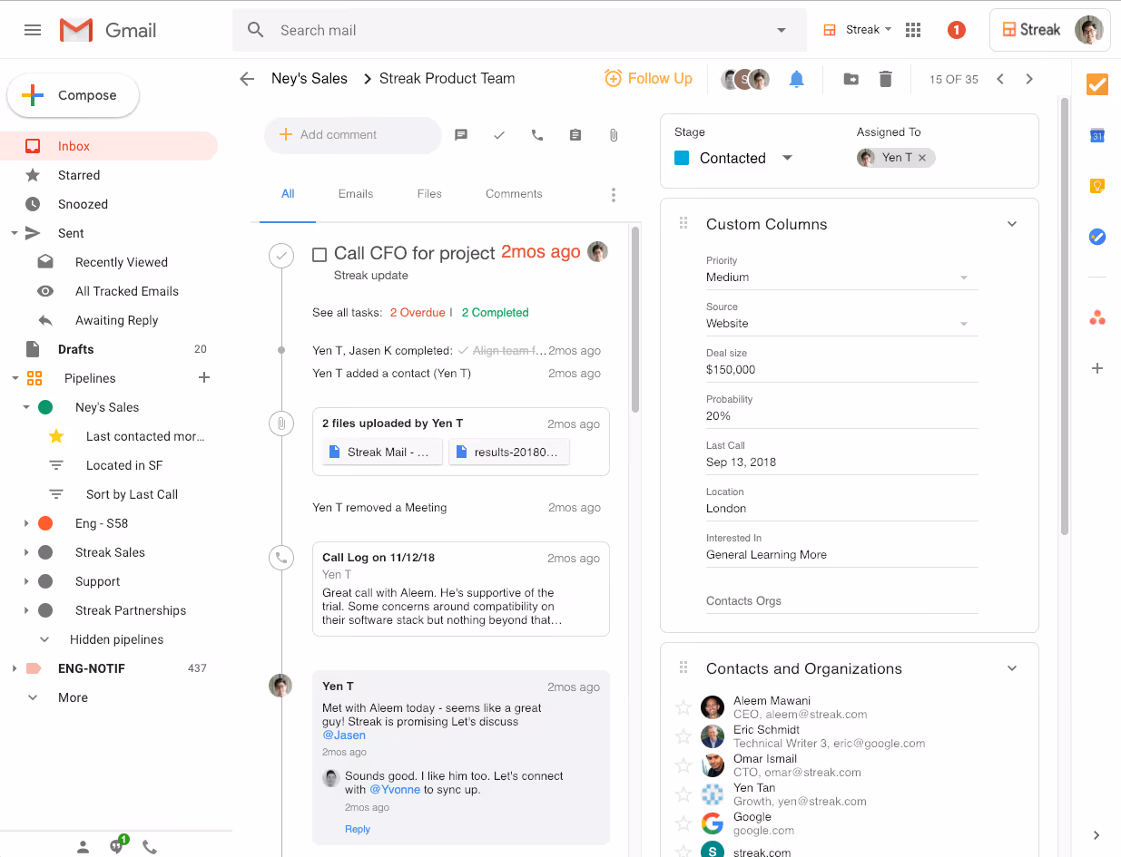 A screenshot of a Gmail inbox with an email thread from the “Streak Product Team” about calling a CFO for a project. The right panel shows custom columns with business details and contact assignments, including tasks, organizations, and individual contact information.