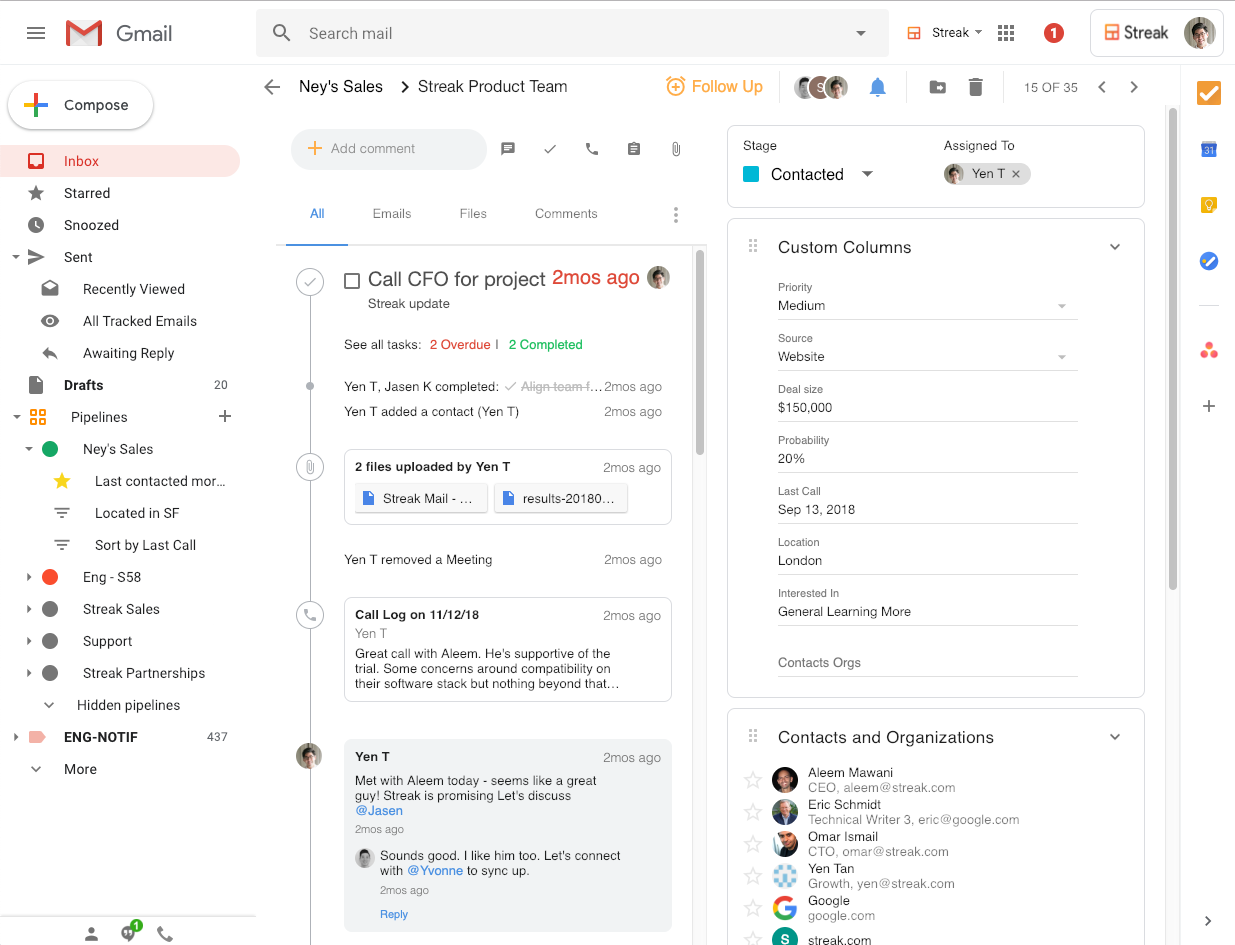 A screenshot of a Gmail inbox with an email thread from the “Streak Product Team” about calling a CFO for a project. The right panel shows custom columns with business details and contact assignments, including tasks, organizations, and individual contact information.