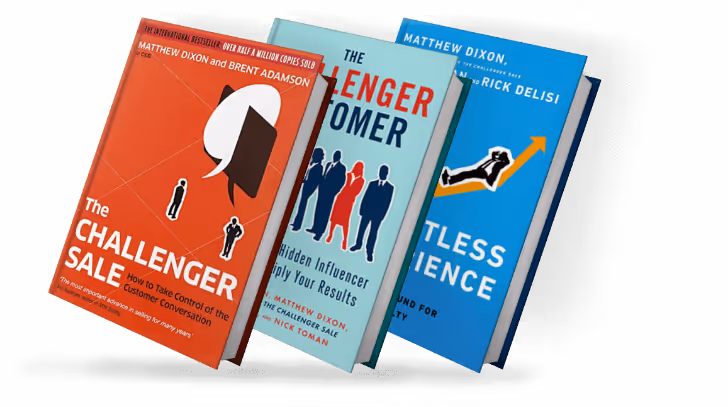 Image of three books by Matthew Dixon. From left to right: "The Challenger Sale" with a red cover featuring a white speech bubble, "The Challenger Customer" with a blue cover and human silhouettes, and "The Effortless Experience" with a blue cover and a person ascending a graph.