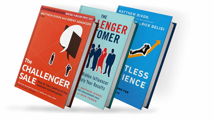 Image of three books by Matthew Dixon. From left to right: "The Challenger Sale" with a red cover featuring a white speech bubble, "The Challenger Customer" with a blue cover and human silhouettes, and "The Effortless Experience" with a blue cover and a person ascending a graph.