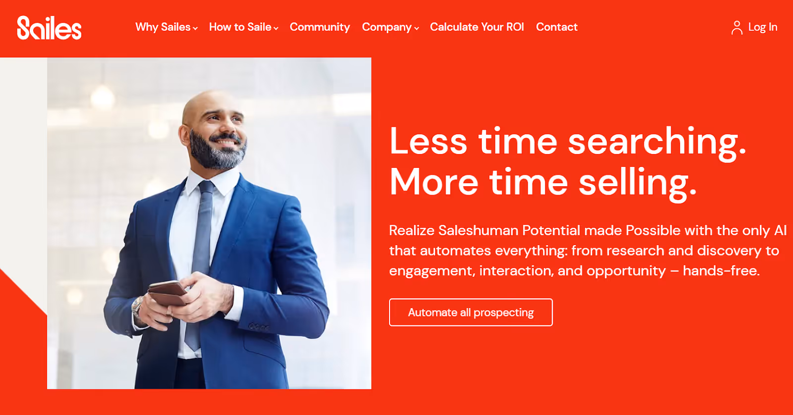 A smiling man with a beard, dressed in a blue suit and holding a smartphone, stands against a red background next to white text that reads, "Less time searching. More time selling." The image promotes the Saile AI tool for automating sales tasks.