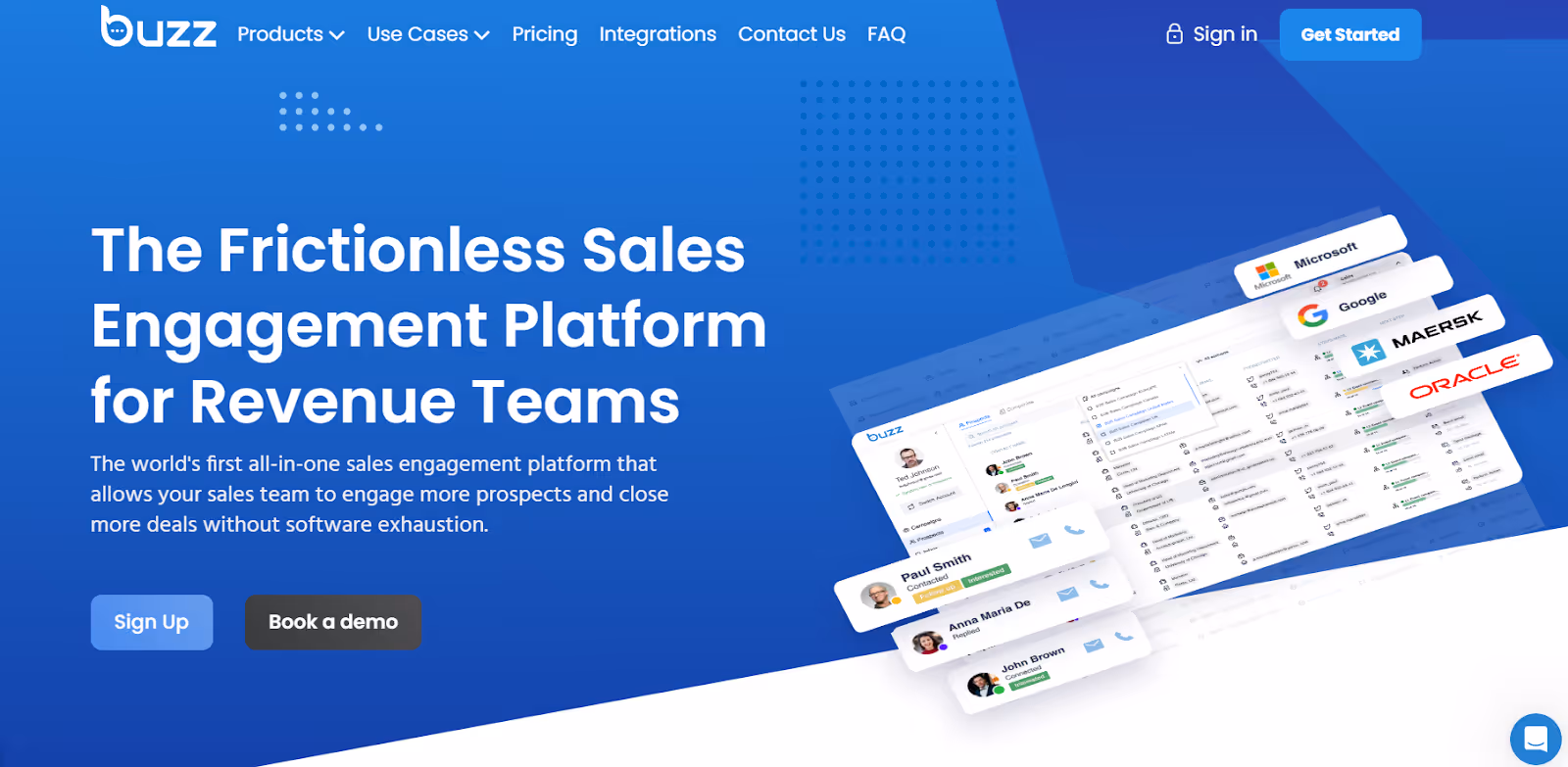 A webpage for Buzz shows an all-in-one sales engagement platform. The main text reads, "The Frictionless Sales Engagement Platform for Revenue Teams." The page includes options to "Sign Up" or "Book a demo" and features logos and a sample dashboard with user interactions.